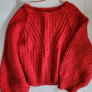 Free People Chunky Knit Red Balloon Sleeve Sweater Medium